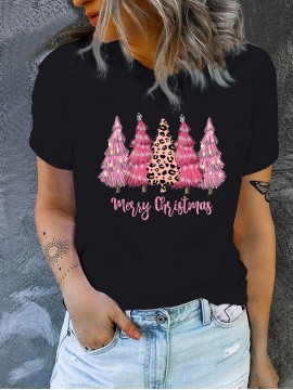 Christmas Tree Print Casual T-Shirt, Round Neck Short Sleeves Mid-Stretch Sports Tee, Women's Activewear
