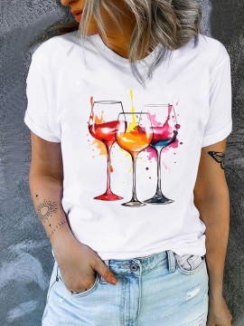 Cup & Splatter Print Casual T-Shirt, Round Neck Short Sleeves Mid-Stretch Sports Tee, Women's Activewear