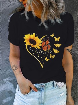 Sunflower & Butterfly Print Casual T-Shirt, Round Neck Short Sleeves Mid-Stretch Sports Tee, Women's Activewear