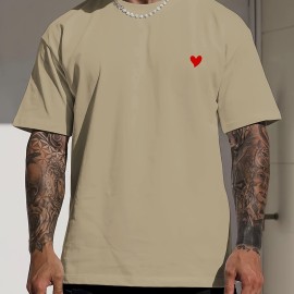 Trendy Cute Heart Print Tees For Men, Casual Crew Neck Short Sleeve T-Shirt, Comfortable Breathable T-shirt For Summer