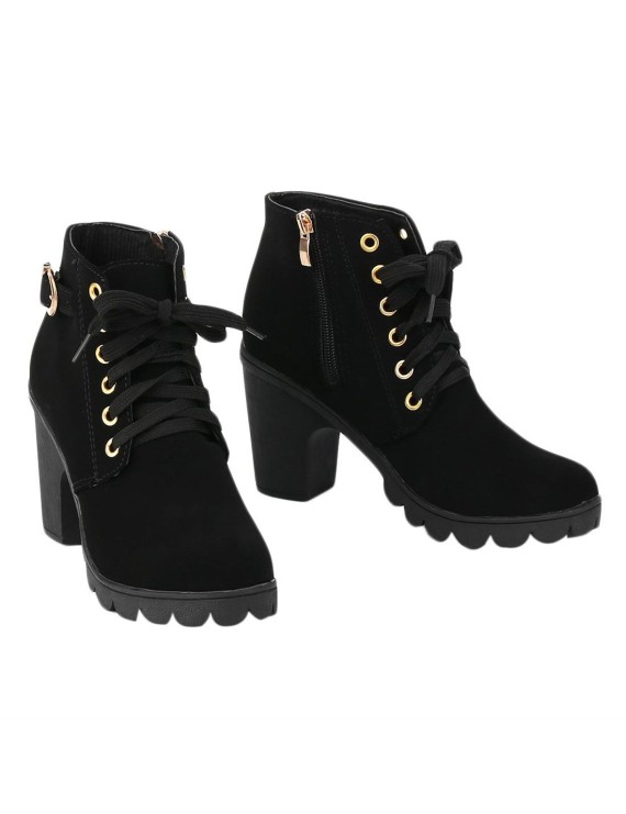 Fashion Women High Heel Lace Up Side Zipper Buckle Ankle Boots Suede Shoes