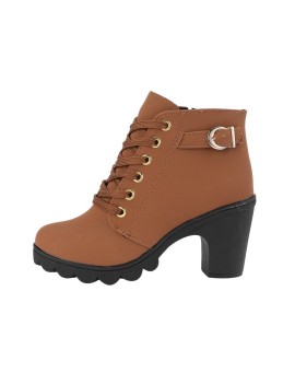 Fashion Women High Heel Lace Up Side Zipper Buckle Ankle Boots Suede Shoes