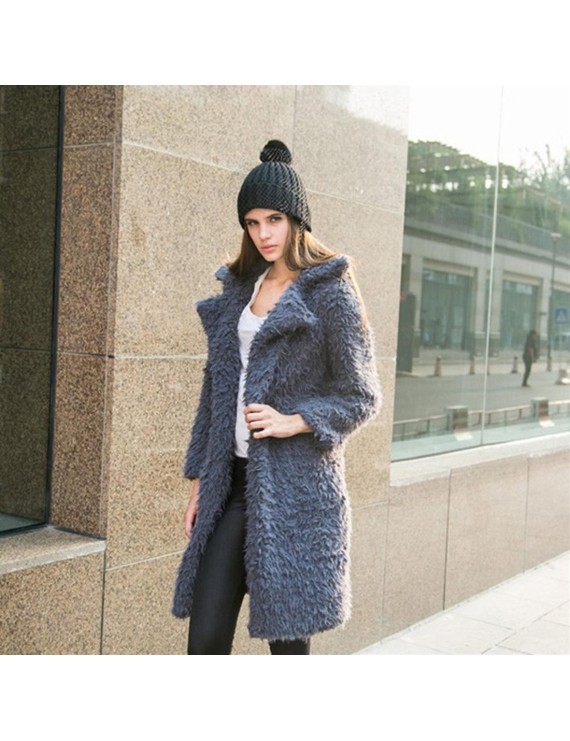 Women Winter Wool Overcoat Faux Fur Coat Turn Down Collar Long Cardigan Coat