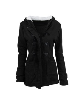 Women Hooded Long Section Wool Blend Jacket with Leather Ox Horn Shape Buckle