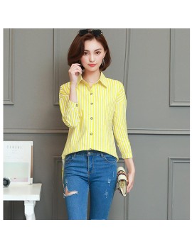 Vertical Strip Shirt Casual Turn-down Collar Long-sleeved Blouse for Women