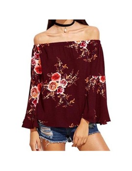 Women Off Shoulder Blouses Shirts Floral Printed Tops Flare Sleeve Tops Shirts