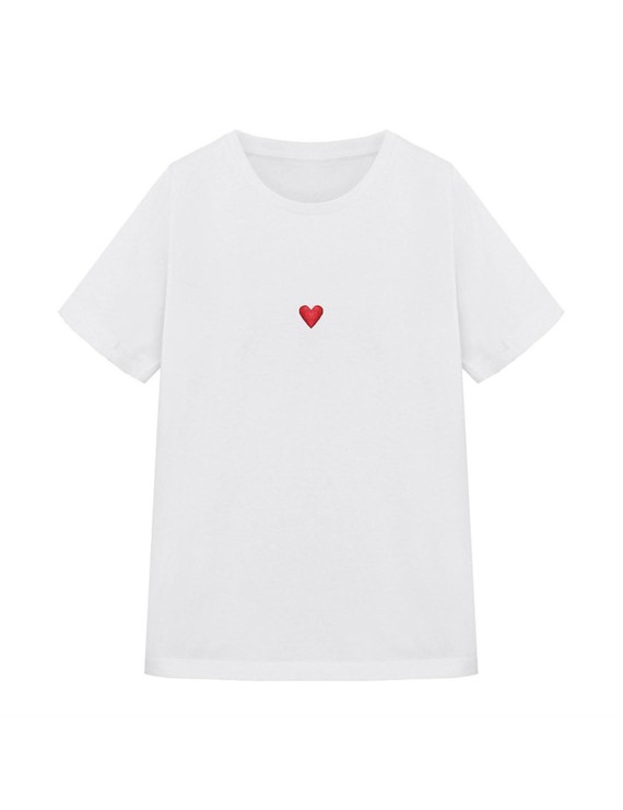 Women Short Sleeve T-Shirt Casual O Neck Ladies Heart Embroidery Shirt Tops