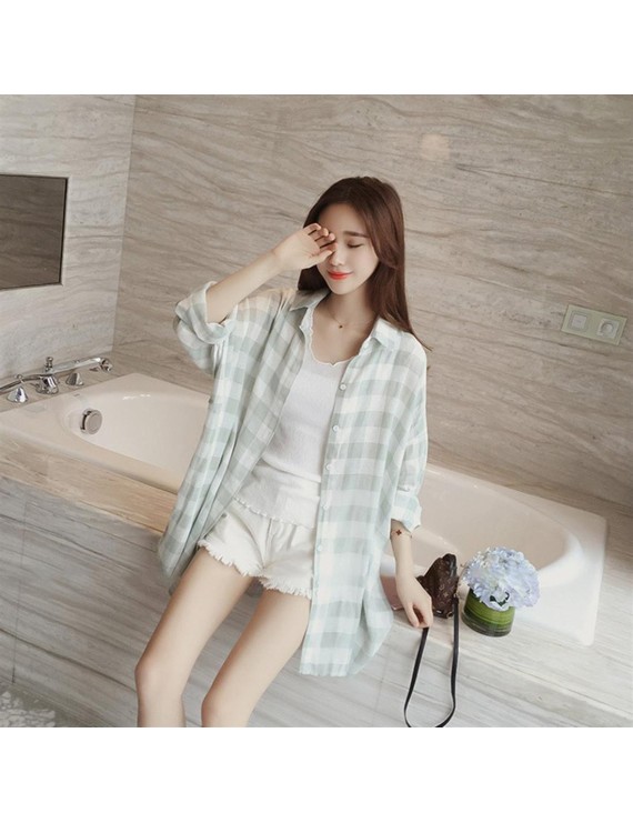 Female Fashion Loose Long Sleeve Plaid Shirts Turn-down Collar Button Decor