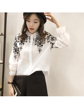 Spring Summer Women Long Sleeves Floral Embroidery Stand-up Collar Shirt