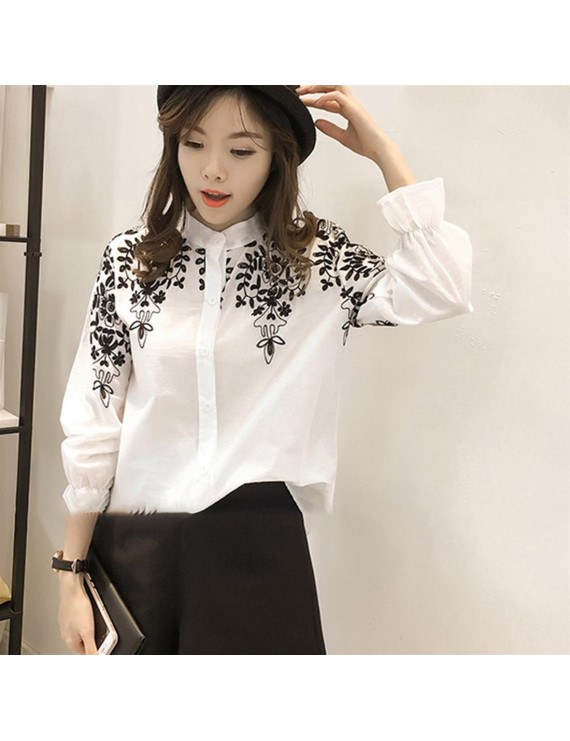 Spring Summer Women Long Sleeves Floral Embroidery Stand-up Collar Shirt