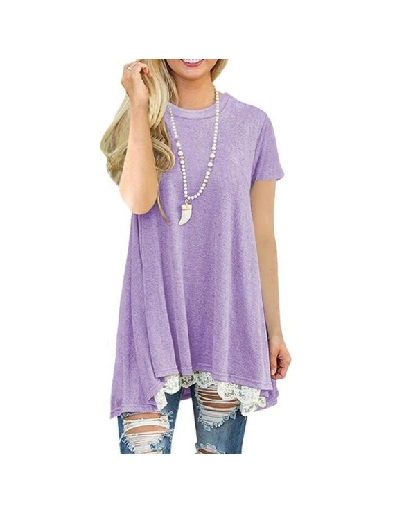 Short Sleeve O-neck Women T-shirt Stitching Lace Fashion Loose Long T-shirt