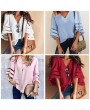 Fashion Mesh Patchwork Women T-shirt V-Neck Three Quarter Sleeve Loose Tops