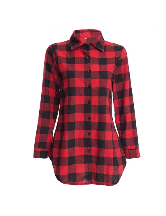 Female Lapel Long Section Plaid Shirt Women Slim Outerwear with Long Sleeves