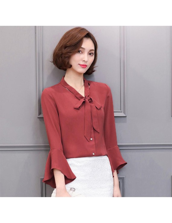 Spring Women Casual Slim Pagoda Sleeves V-neck Bowknot Ribbon Chiffon Shirt