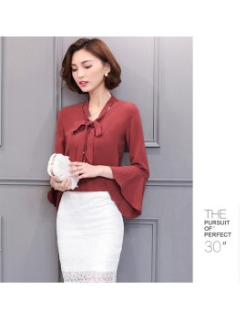 Spring Women Casual Slim Pagoda Sleeves V-neck Bowknot Ribbon Chiffon Shirt