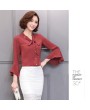 Spring Women Casual Slim Pagoda Sleeves V-neck Bowknot Ribbon Chiffon Shirt