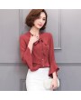 Spring Women Casual Slim Pagoda Sleeves V-neck Bowknot Ribbon Chiffon Shirt