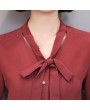 Spring Women Casual Slim Pagoda Sleeves V-neck Bowknot Ribbon Chiffon Shirt