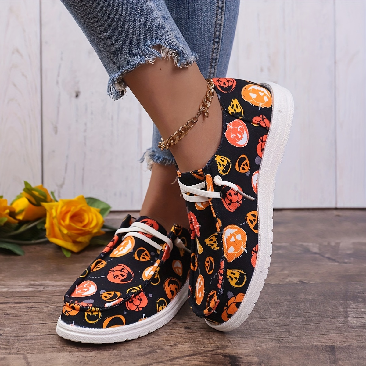 womens pumpkin printed canvas shoes casual halloween slip on flats lightweight low top sneakers details 0