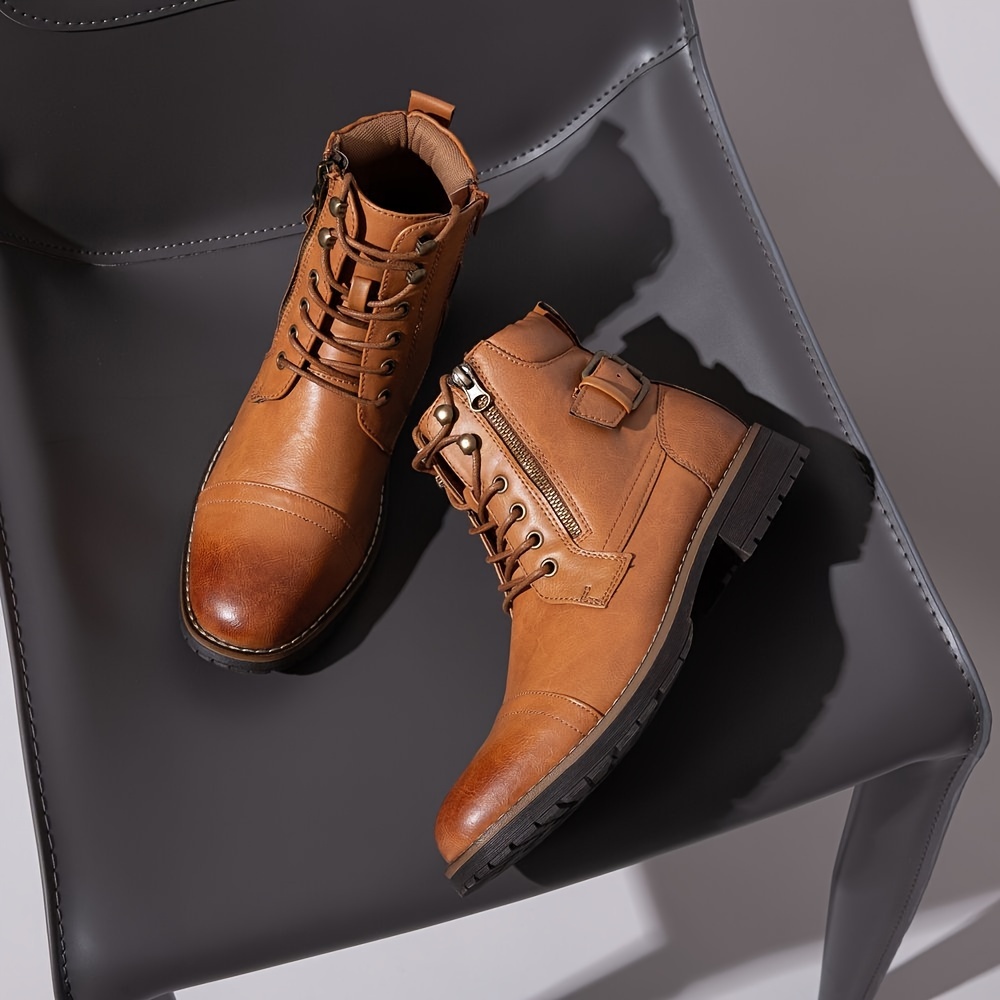 plus size mens solid high top casual boots with pu leather uppers wear resistant non slip lace up side zippered boots with buckle decor details 7